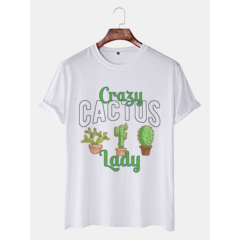 Cactus Pattern Letter Print Round Neck Short Sleeve Casual T-Shirts - Yellow S