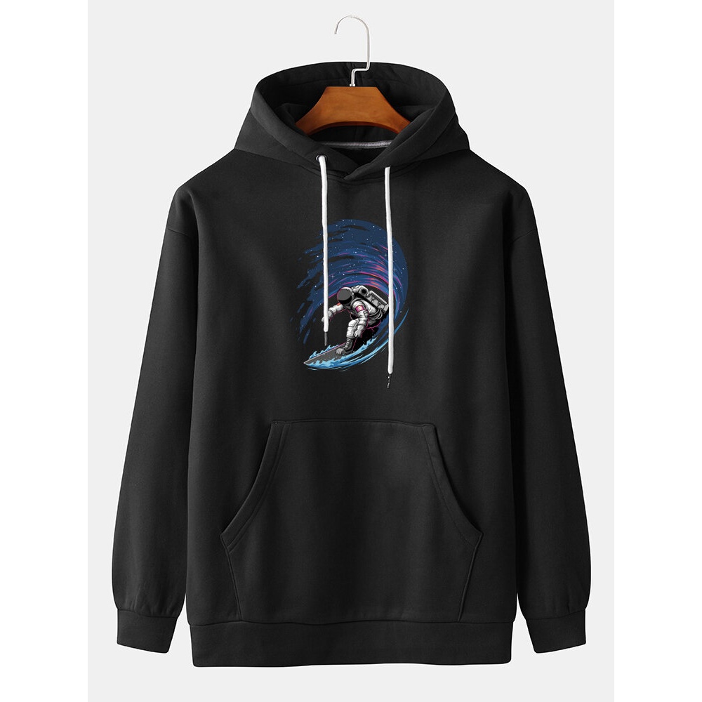 Mens Surfing Astronaut Print Long Sleeve Kangaroo Pocket Cute Hoodies - Black 2XL