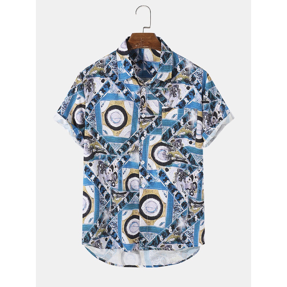 Mens Geometric & Figure Pattern High-Low Hem Short Sleeve Shirt - Blue S