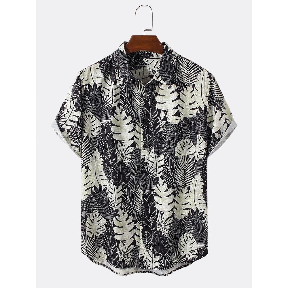 Mens Design Leaves Print Button Up Lapel Short Sleeve Shirts - Black S