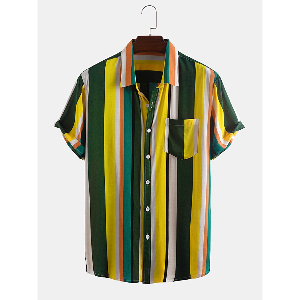 Men Colorful Stripe Rainbow Print Short Sleeve Holiday Casual Shirts - Yellow L