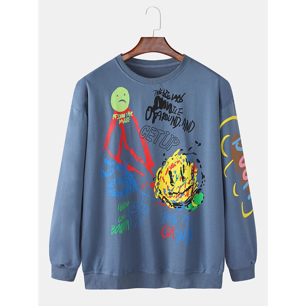 Mens Funny Graffiti Print Pullover Drop Shoulder Long Sleeve Sweatshirts - White L