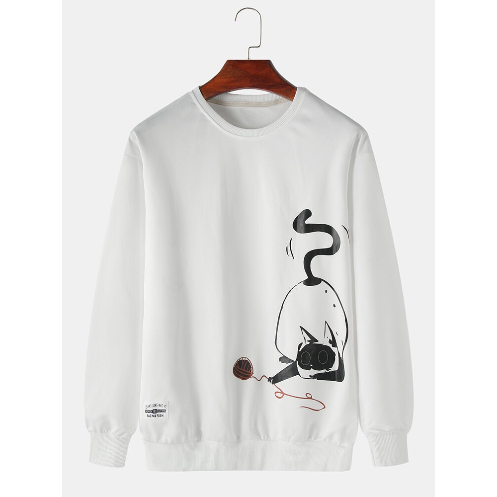 Mens Cartoon Cat Print Long Sleeve Pullover Drop Shoulder Sweatshirts - White S