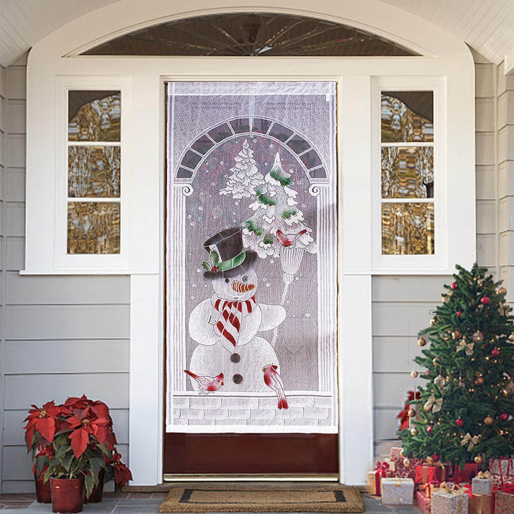 Curtains White Lace Snowman Window Door Xmas Decor Home Party Curtains Decorations - Image 2