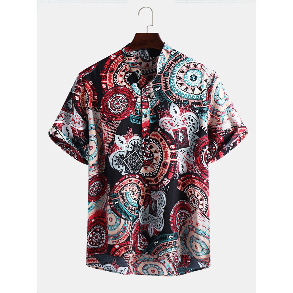Mens Vintage Pattern Printing Short Sleeve Henley Shirts - 2XL As Picture