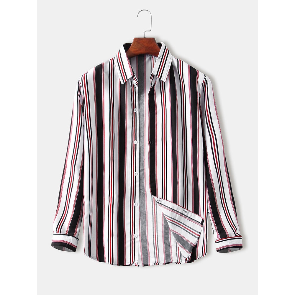 Men Colorful Vertical Stripes Lapel Collar Long Sleeve Casual Shirts - White S