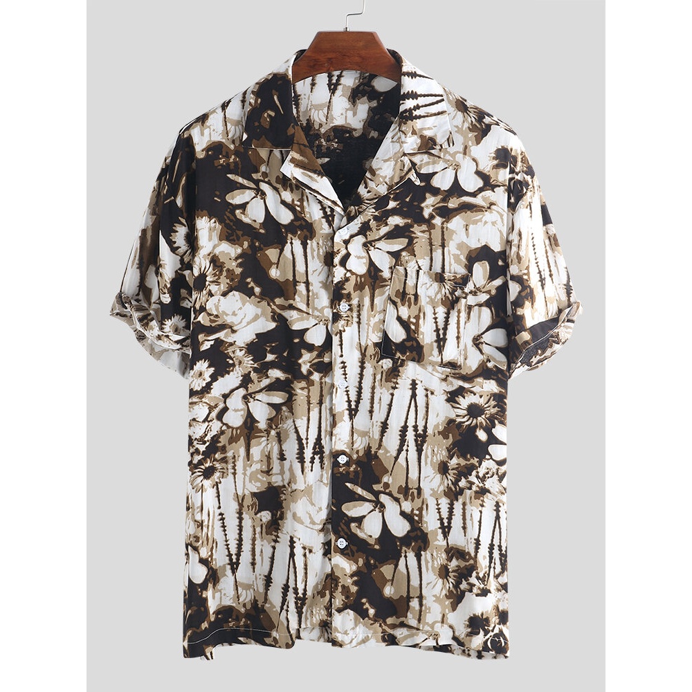 Mens Summer Floral Printing Casual Loose Fashion Shirts - M Brown