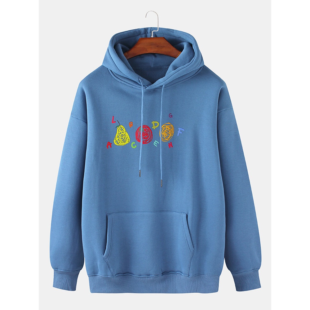 Mens Graffiti Fruit & Letter Print Kangaroo Pocket Long Sleeve Drop Shoulder Hoodies - Blue L