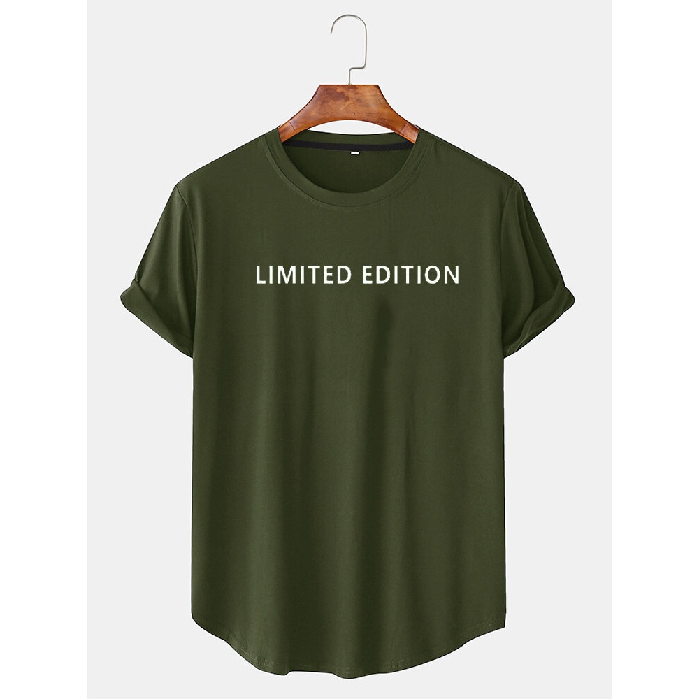 Mens Cotton Letter Print Curved Hem Casual T-Shirts - Army Green S