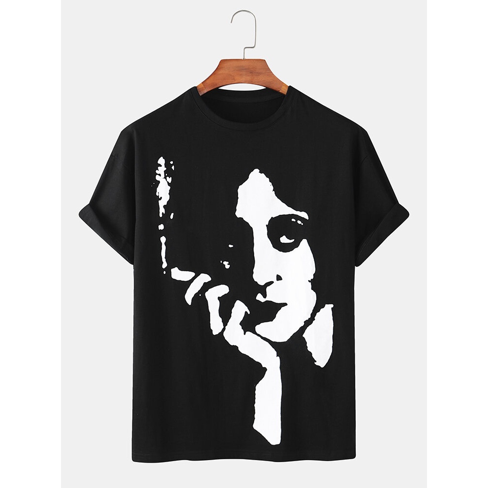 Cotton Design Abstract Face Print Breathable Round Neck Short Sleeve T-Shirts - L .black
