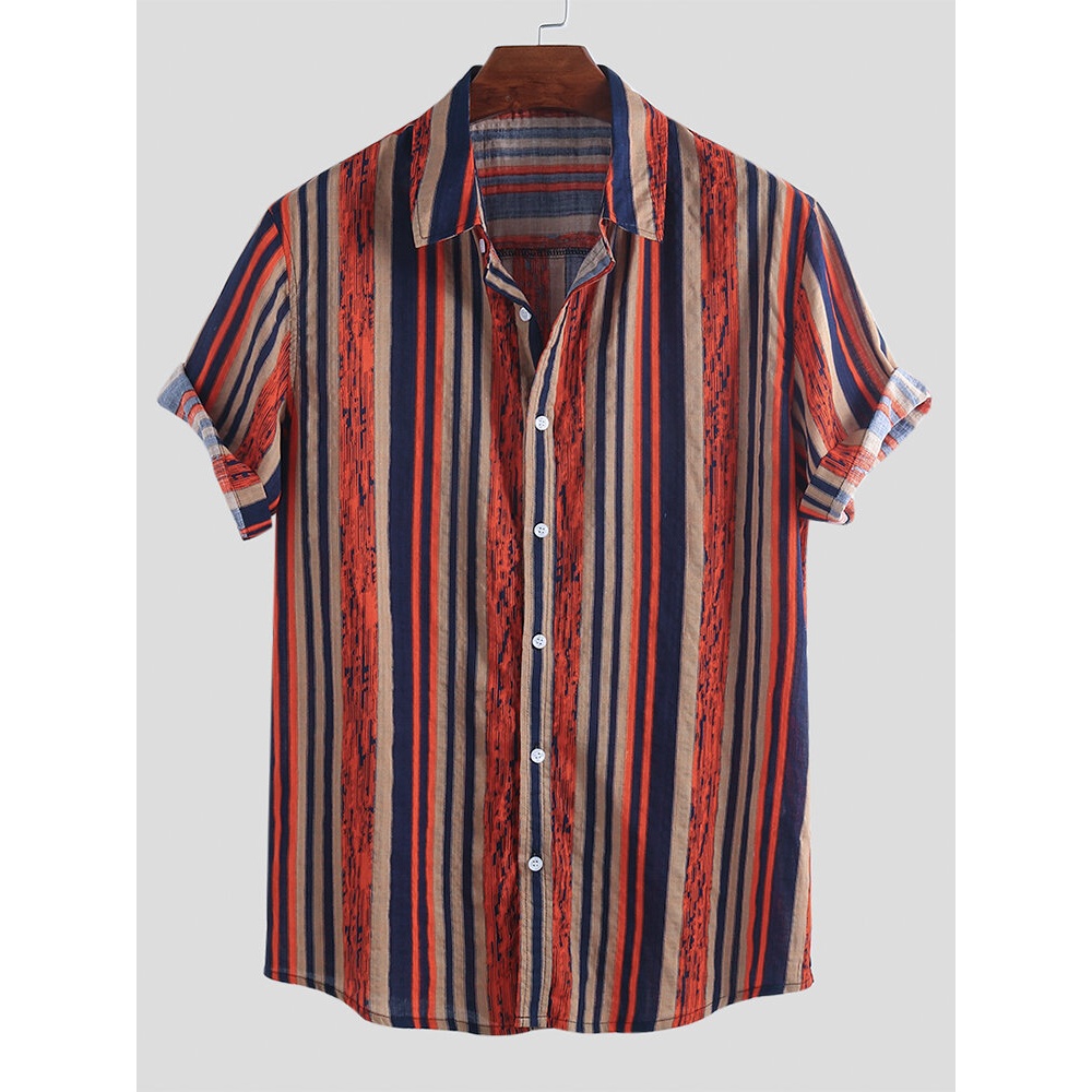 Men Summer Hip Color Stripe Turn Down Collar Short Sleeve Shirts - 2XL Green