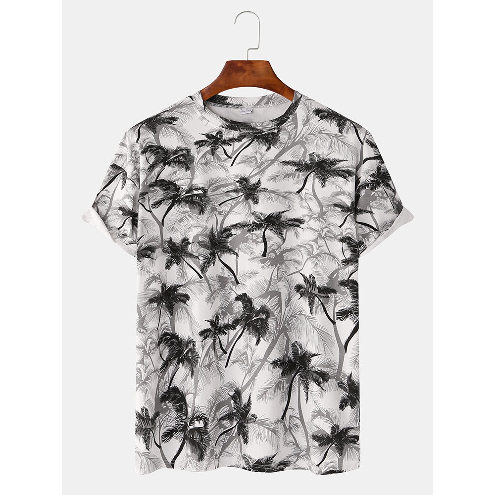 Men Fashion Coconut Tree Print Crew Neck Short Sleeve Holiady T-Shirts - White S