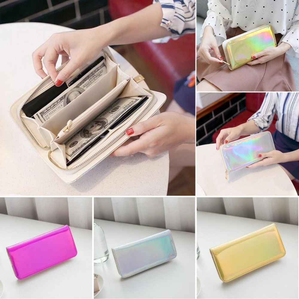 Multifunctional Women Laser PU Leather Long Wallet Card Purse Phone Bag for Phone under 6.5 inches - Silver - Image 2