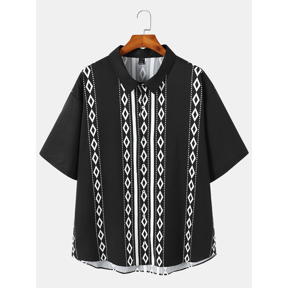 Mens Plus Size Geometry Pattern Black Casual Shirts - Black 3XL