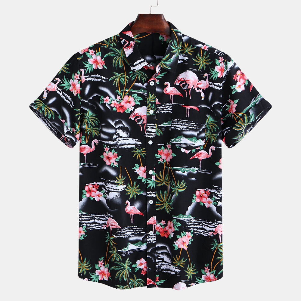 Men Flamingo Coconut Tree Print Short Sleeve Hawaiian Shirts - M Green - Image 2