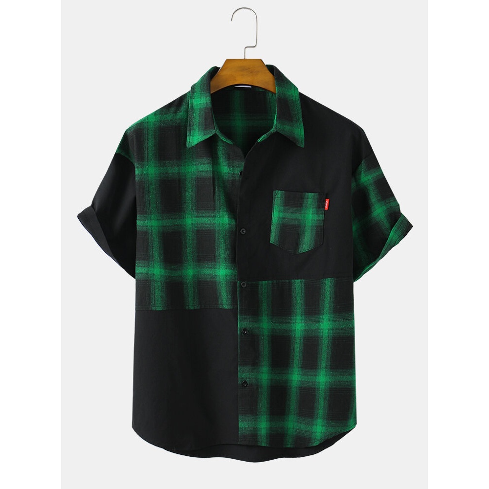 Mens Plaid Color Block Short Sleeve Cotton Shirts With Pocket - Red XL