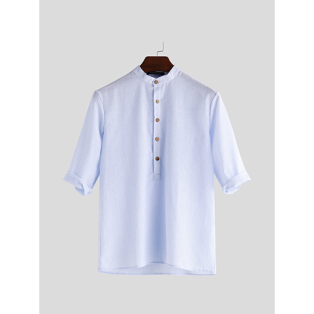 Men's Stripe Grandad Shirts Short Sleeve Casual Loose Soft Top Tee Slim Fit Tops - 4XL Blue