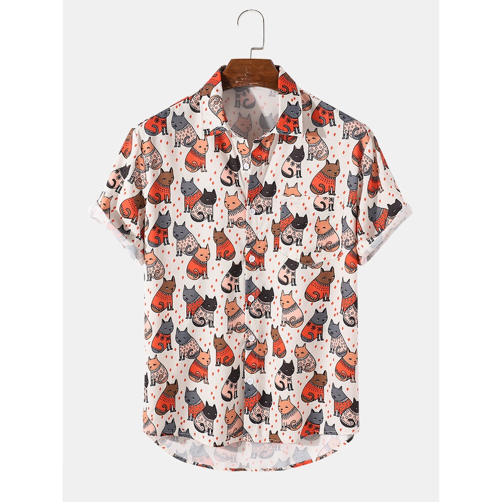 Mens Cartoon Cat Print Lapel Short Sleeve Shirt - White S