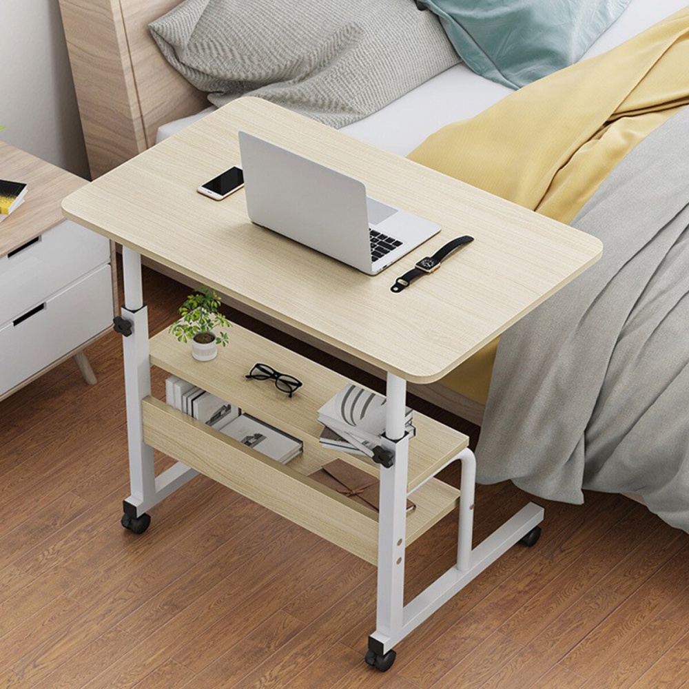 Movable Computer Laptop Desk 2 Layers Wood Table Stand Bedside Table Adjustable Height Writing Table - oak color (white frame) - Image 2