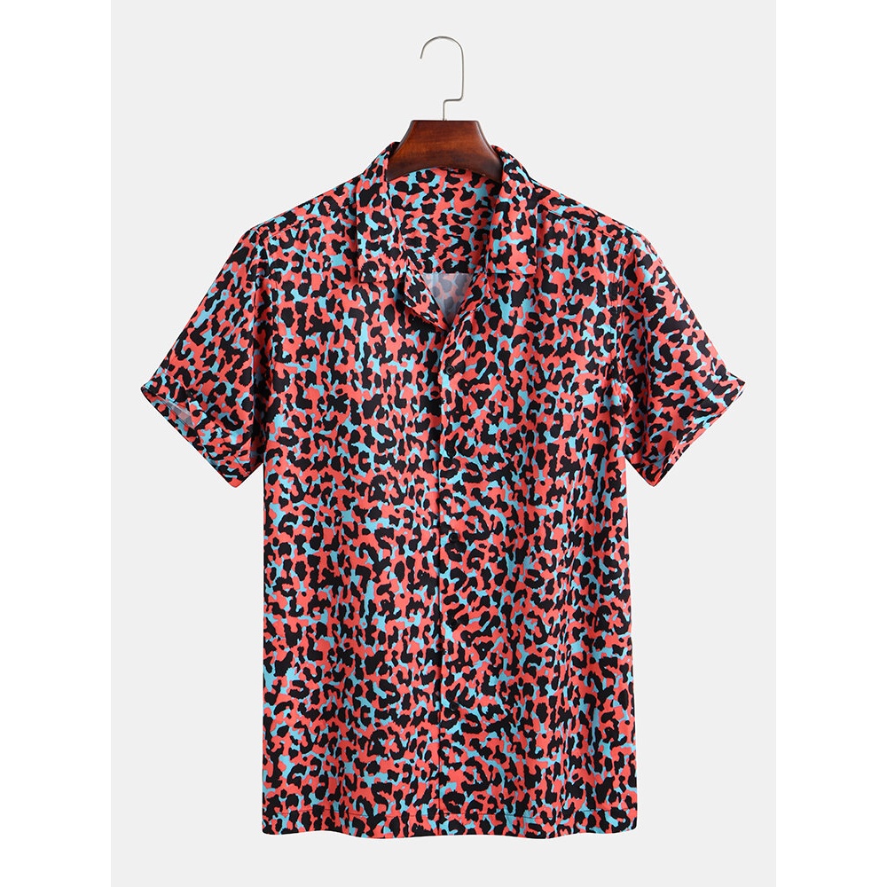 Men Red Leopard Print Short Sleeve Revere Shirts - XL Red