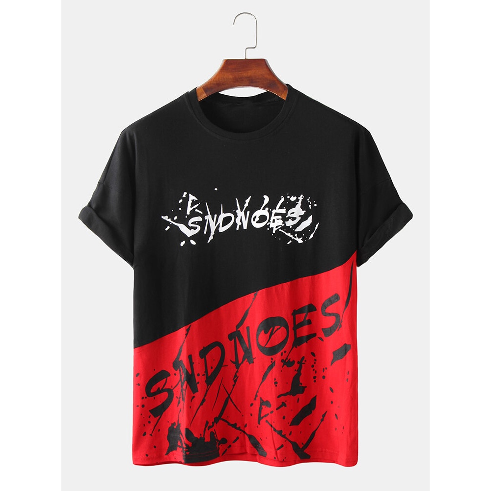 Script Print Color Block Cotton Short Sleeve Casual T-Shirts - White 2XL