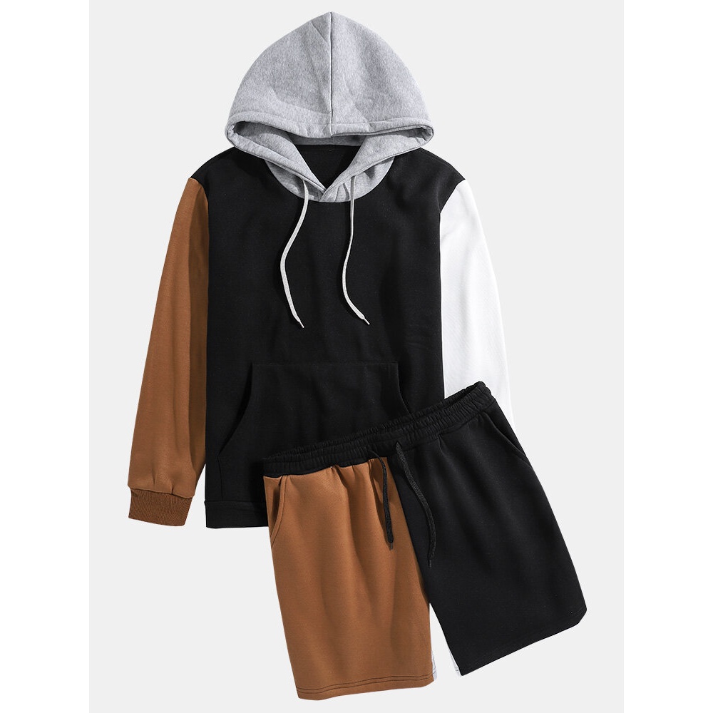 Mens Patchwork Kangaroo Pocket Hoodies Elastic Waist Drawstring Shorts Design Two Piece Outfits - Orange 2XL