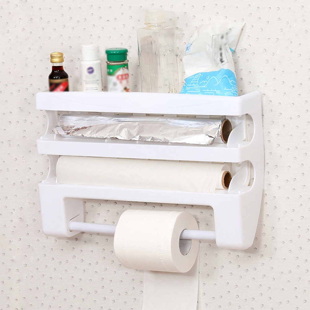 Wall-Mount Roll Paper Towel Holder Sauce Bottle Storage Rack for Kitchen Bathroom Organizer - White - Image 2