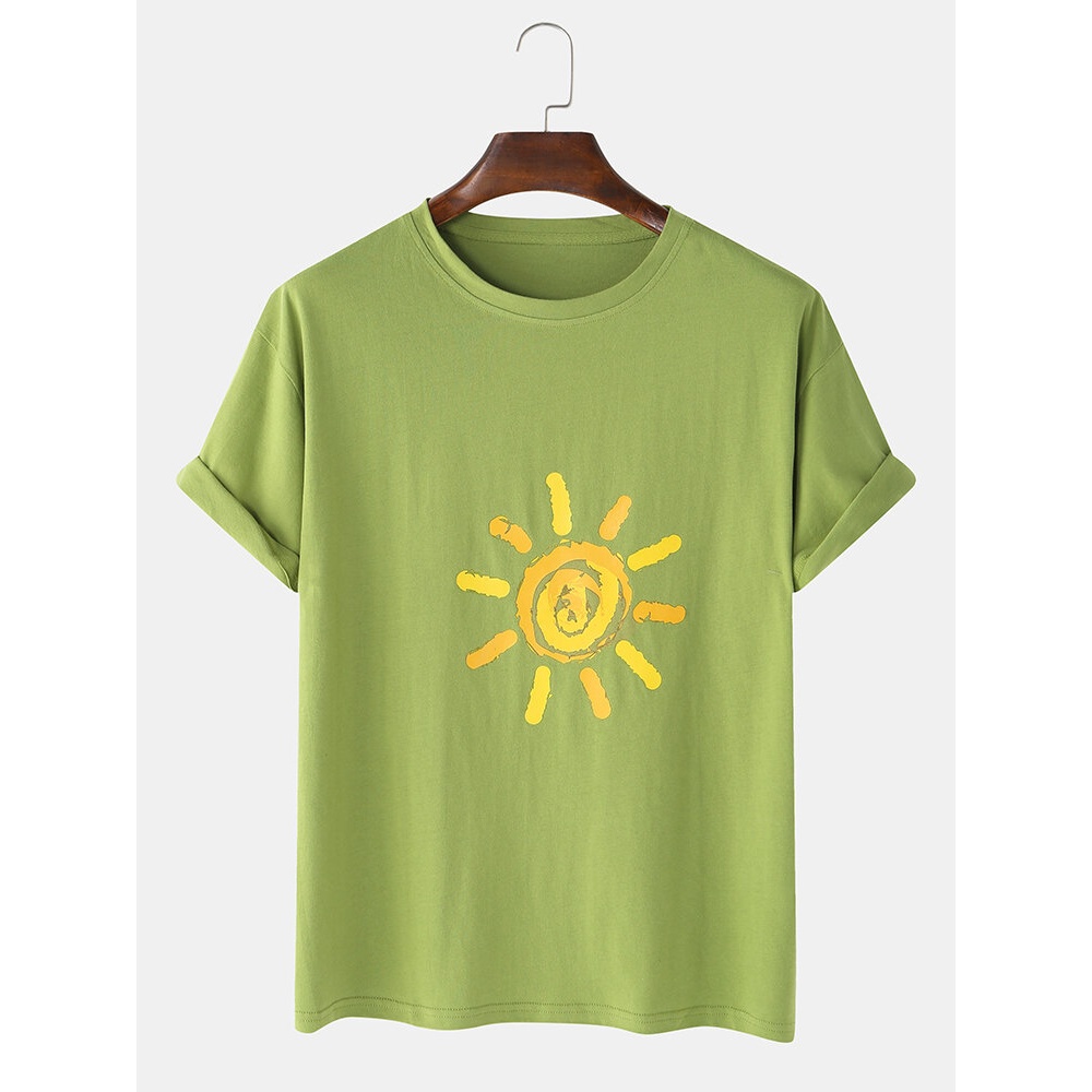 Mens Sun Print Graffiti Casual Short Sleeve T-Shirts - White XL