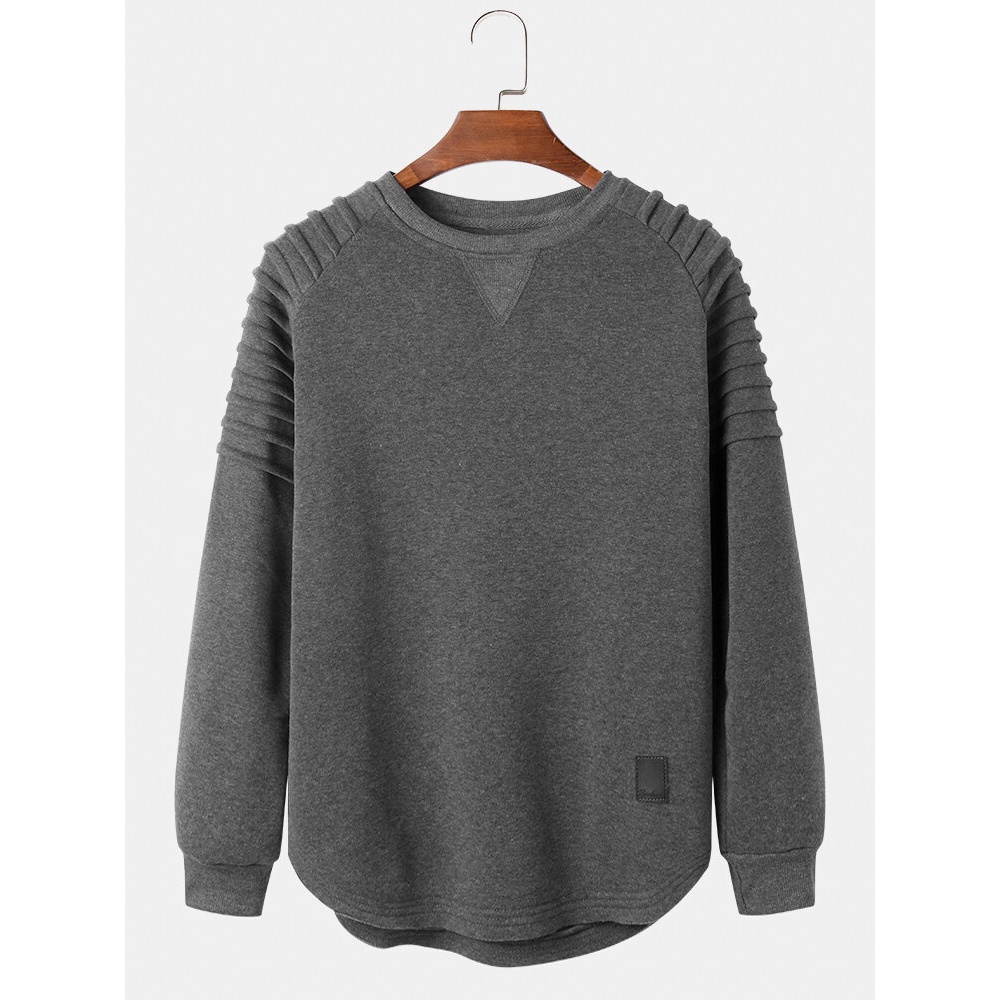 Mens Solid Color Pleated Shoulder Crew Neck Long Sleeve Sweatshirt - Green M