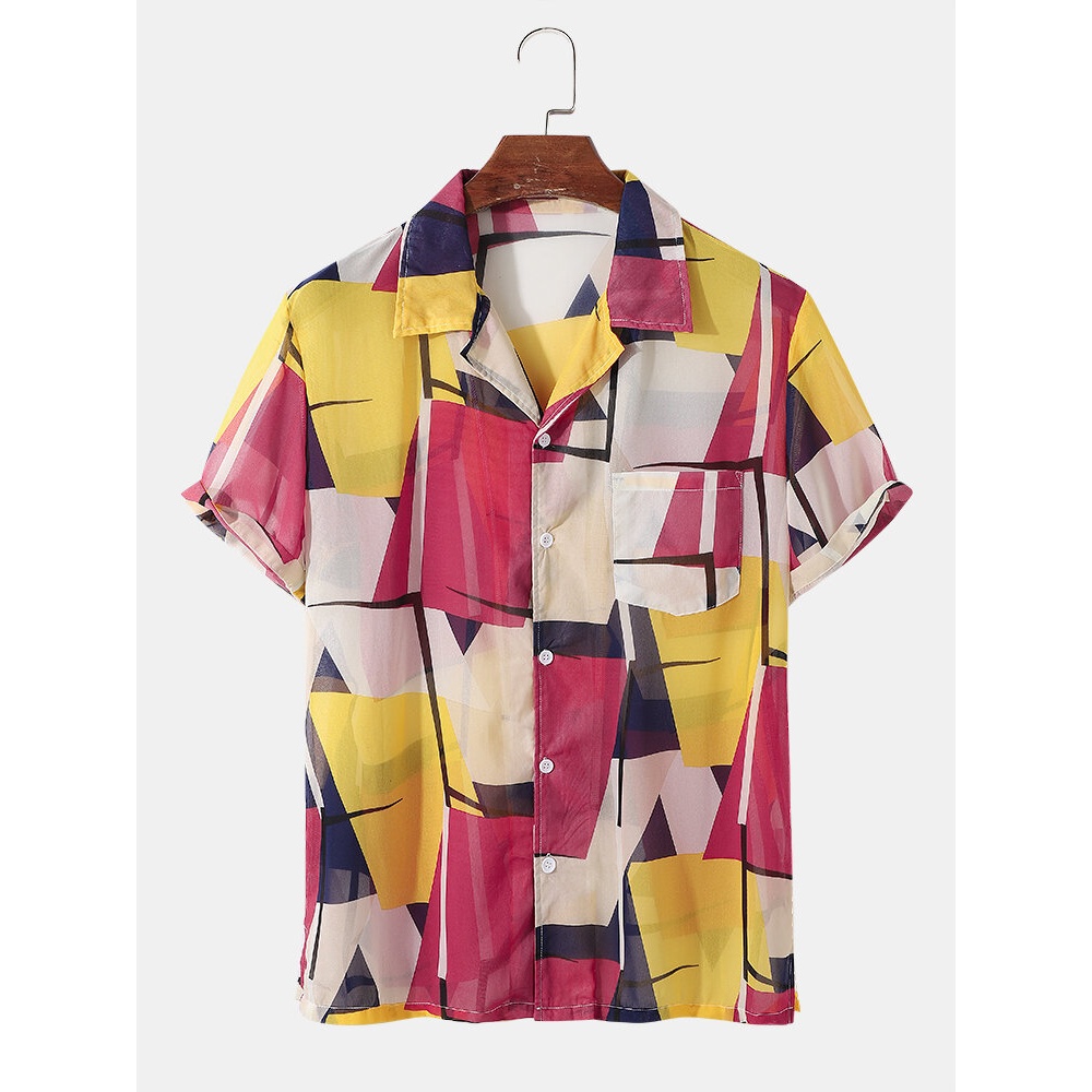 Mens Geometry Print Button Up Revere Collar Regular Hem Shirt - Yellow S