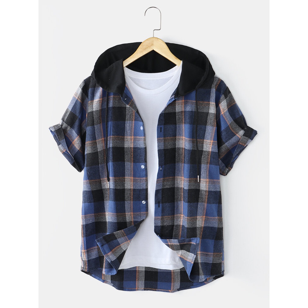 Mens Plaid Button Up Short Sleeve Casual Drawstring Hooded Shirts - Navy XL