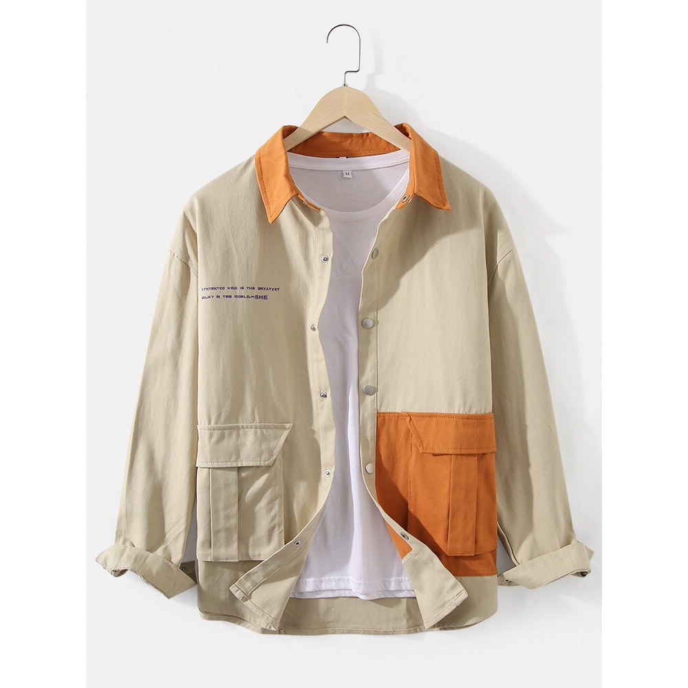 Mens Letter Print Patchwork Double Pocket Button Up Lapel Long Sleeve Shirts - Khaki L