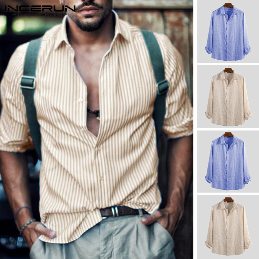 Men's Retro Striped Shirts Long Sleeve Lapel Autumn Loose Casual Breathable Tops - S Yellow