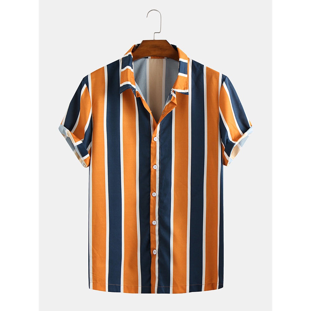 Mens Summer Hit Color Stripe Turn Down Collar Casual Shirts - 2XL Red