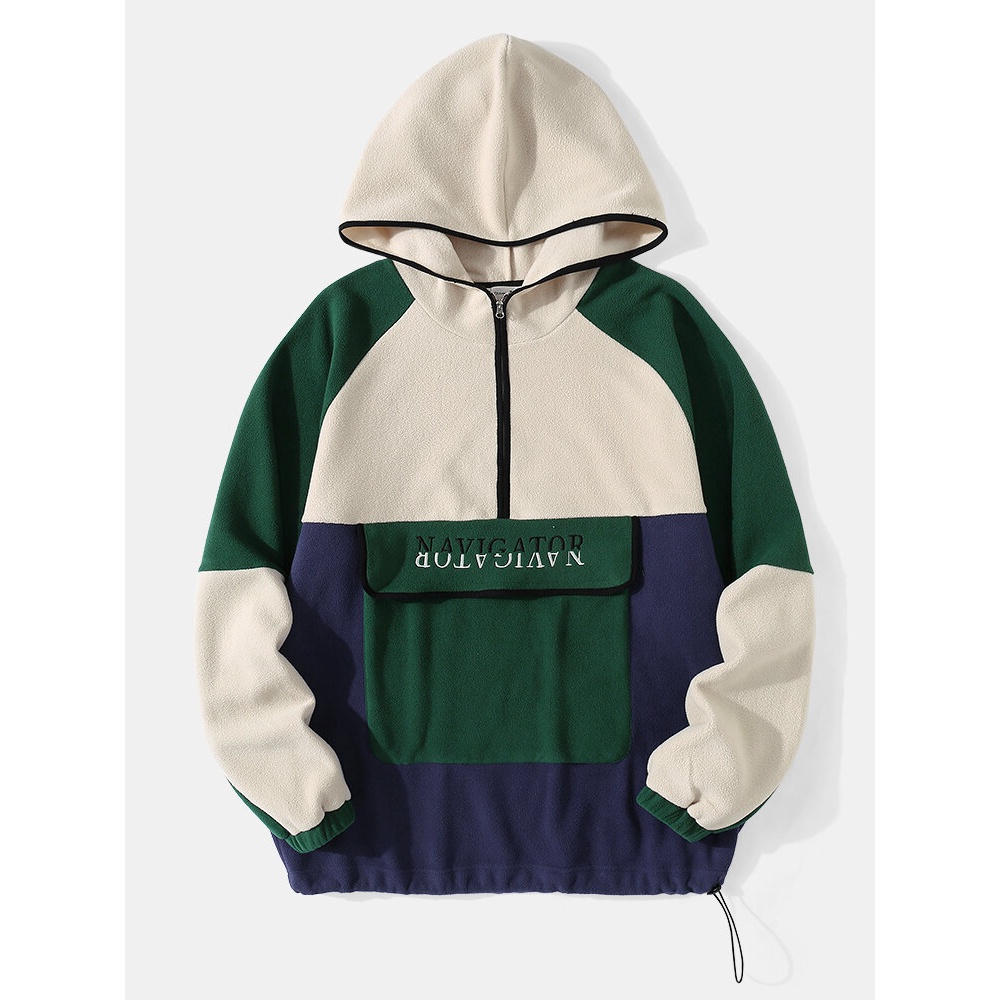 Men Patchwork Color Block Raglan Sleeve Big Pocket Letter Hooded Sweatshirt - Blue S