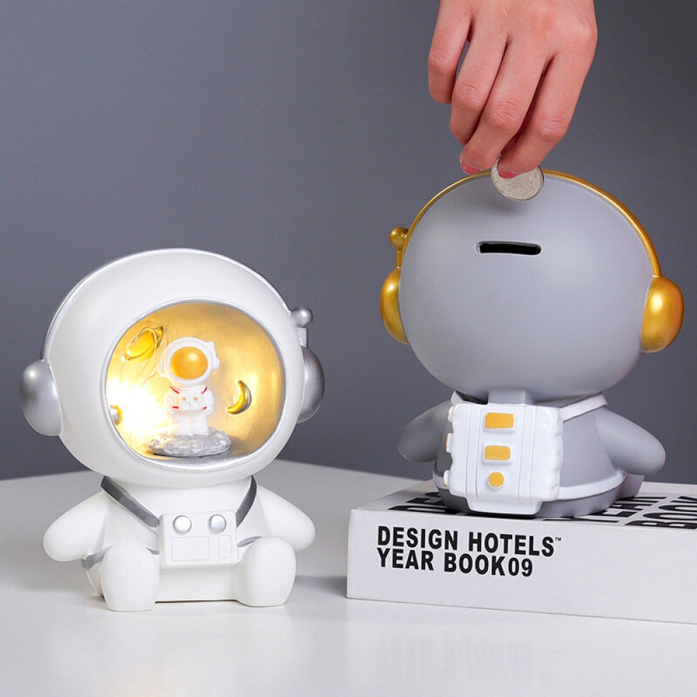 Cute Cartoon Astronaut Night Light Decoration Figurine with Piggy Bank Function Space Themed Desktop Ornament for Kids Home - White