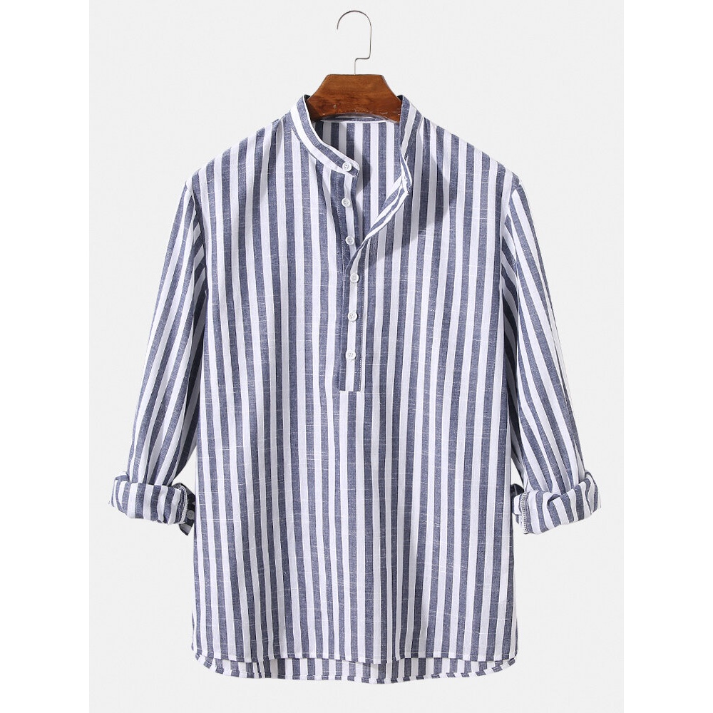 Mens Classic 100% Cotton Stripe Print Long Sleeve Henley Shirts - XL Navy