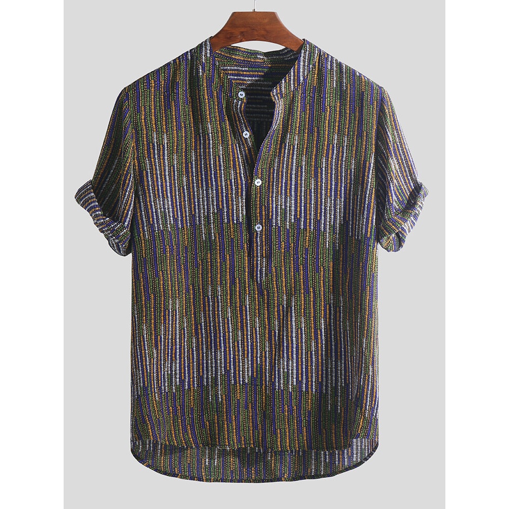 Mens Ethnic Style Printed Colorful Stripe Loose T-shirts Stand Collar Henley Shirts - 3XL Yellow