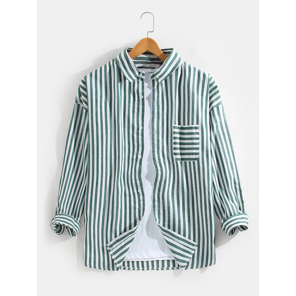 Mens Classic Stripe Print Lapel Long Sleeve Shirts With Chrest Pocket - 3XL Black