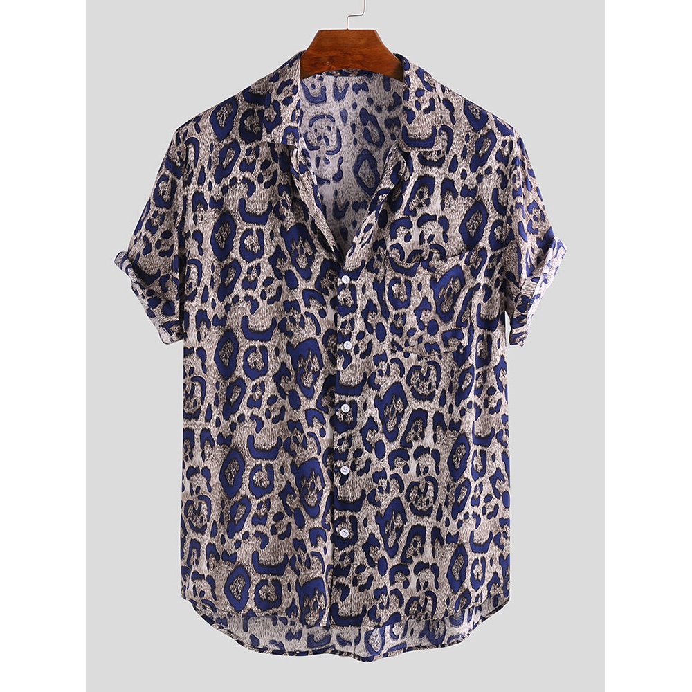 Men Leopard Print Soft Short Sleeve Relaxed Shirts - 2XL Brown