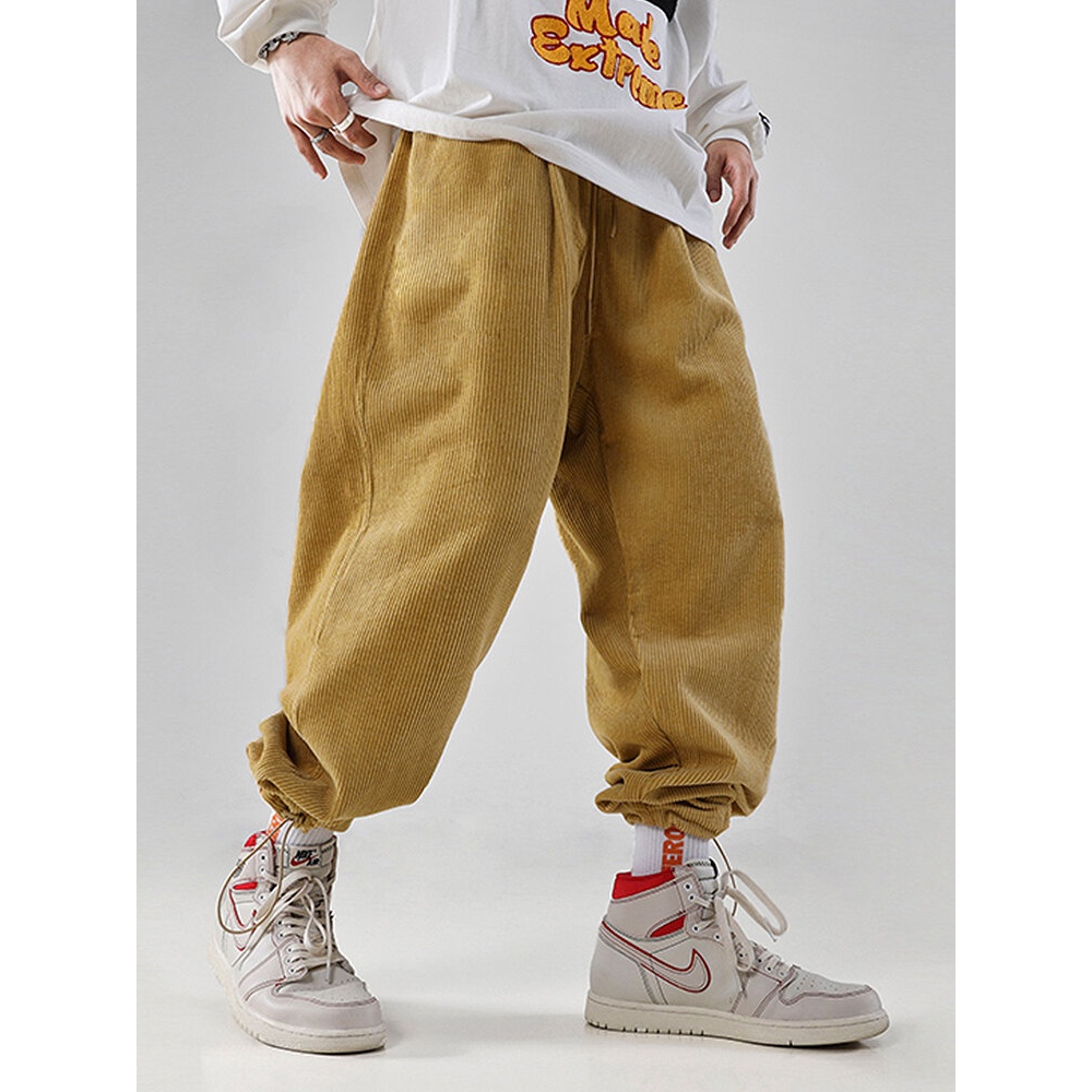 Mens Solid Color Corduroy Texture Jogger Pants With Pocket - Yellow S