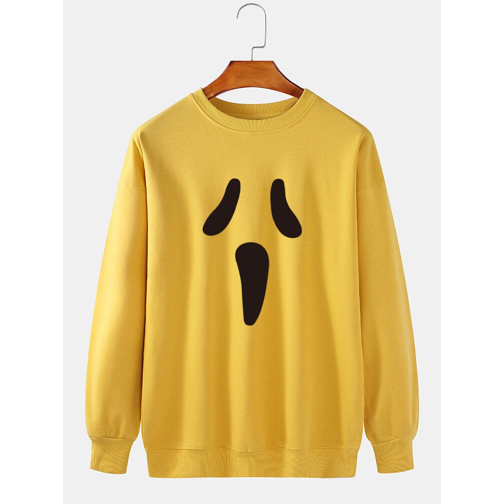 Mens Cotton Funny Emojis Print Pullover Casual Sweatshirts - White S