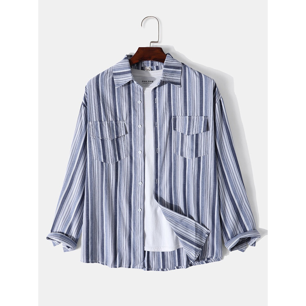 Mens Artsy Striped Turn-Down Collar Preppy Shirt - Light Blue L