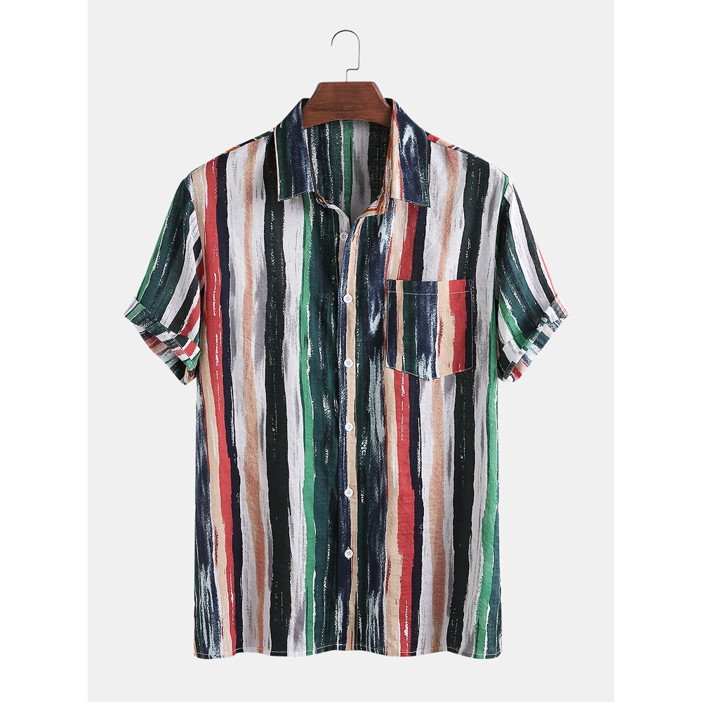 Mens Cotton Colorful Stripe Printed Tie-Dyed Holiday Casual Short Sleeve Shirts - Green XL