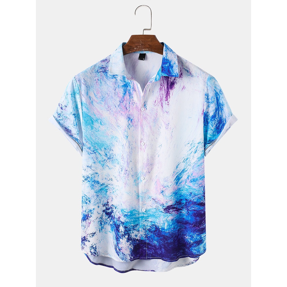 Mens Holiday Tie Dye Short Sleeve Casual Shirts - Blue M