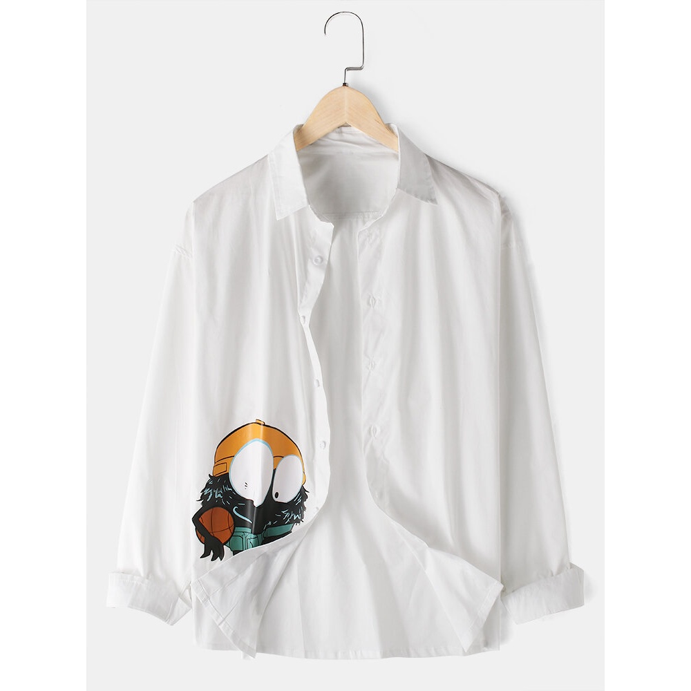 Mens Cartoon Ptint Button Up Lapel Long Sleeve Casual Shirts - White XL