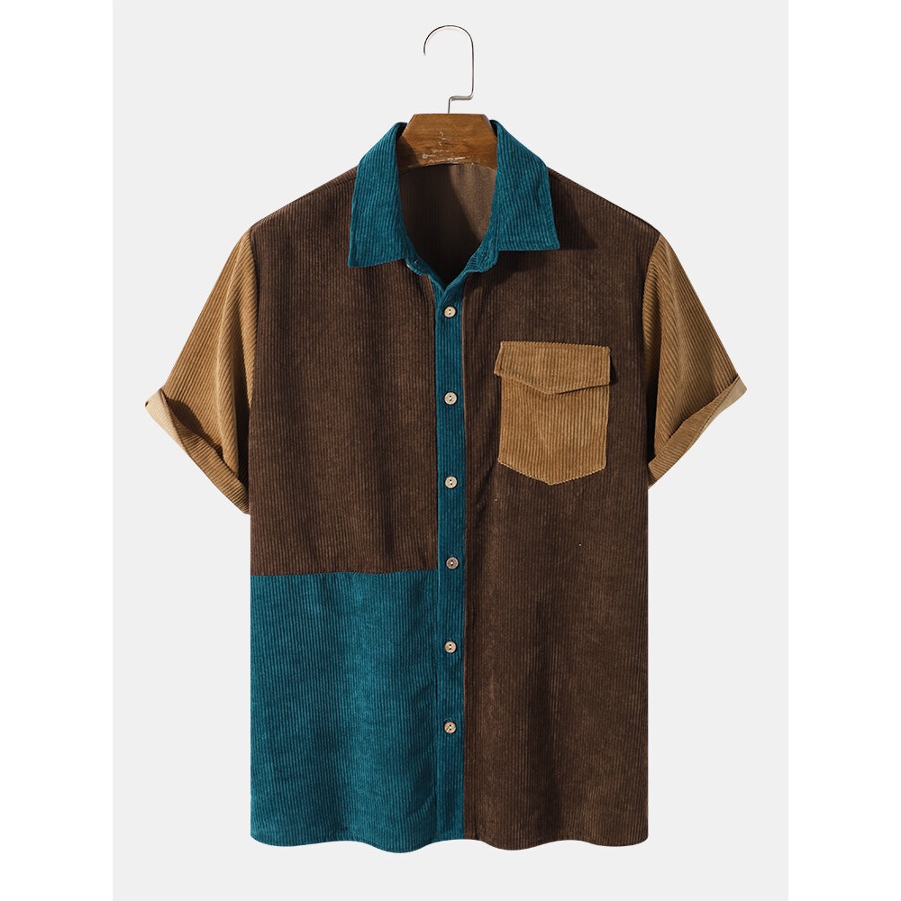 Mens Color Block Corduroy Pocket Casual Shirts - Brown 2XL