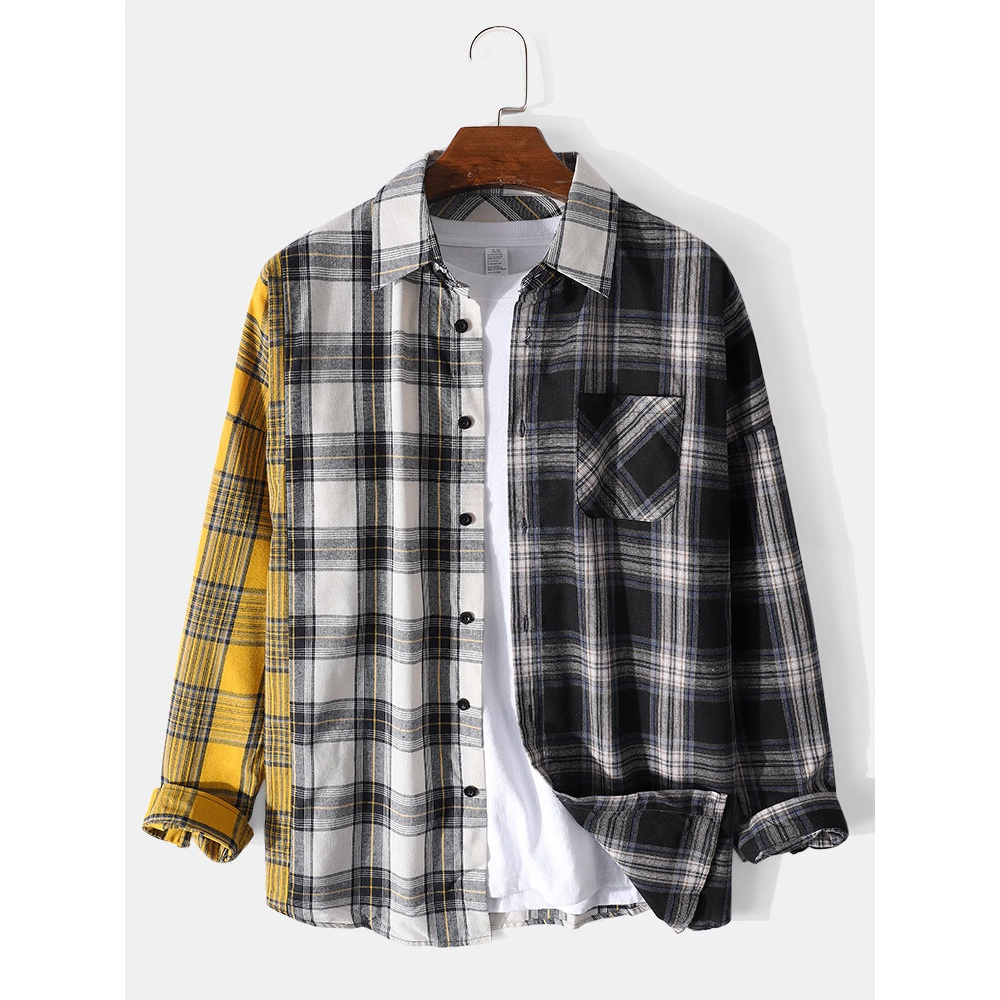 Mens Plaid Patchwork Long Sleeve Preppy Shirts With Chest Pocket - White S