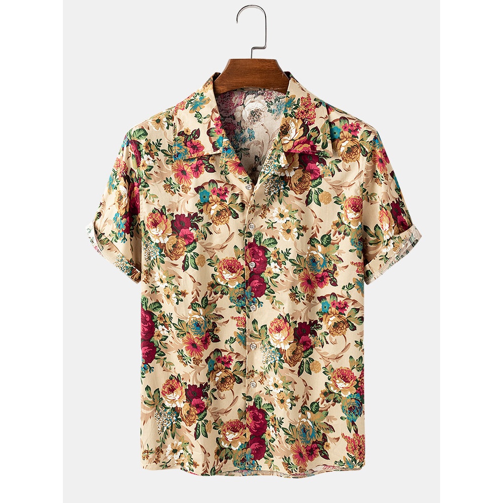 Cotton Multiple Floral Print Button Up Hawaii Holiday Short Sleeve Shirts - Black M