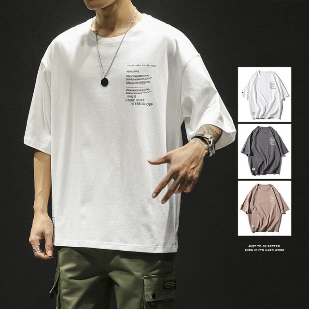 Men Short-sleeved T-shirt Loose 5 Points Sleeves Bottom Tops - XL Khaki